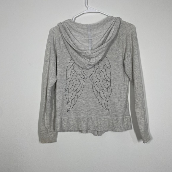 Y2K Victoria's Secret Full Zip Hoodie Sweater Women XS Gray Rhinestone Wings - Picture 9 of 12